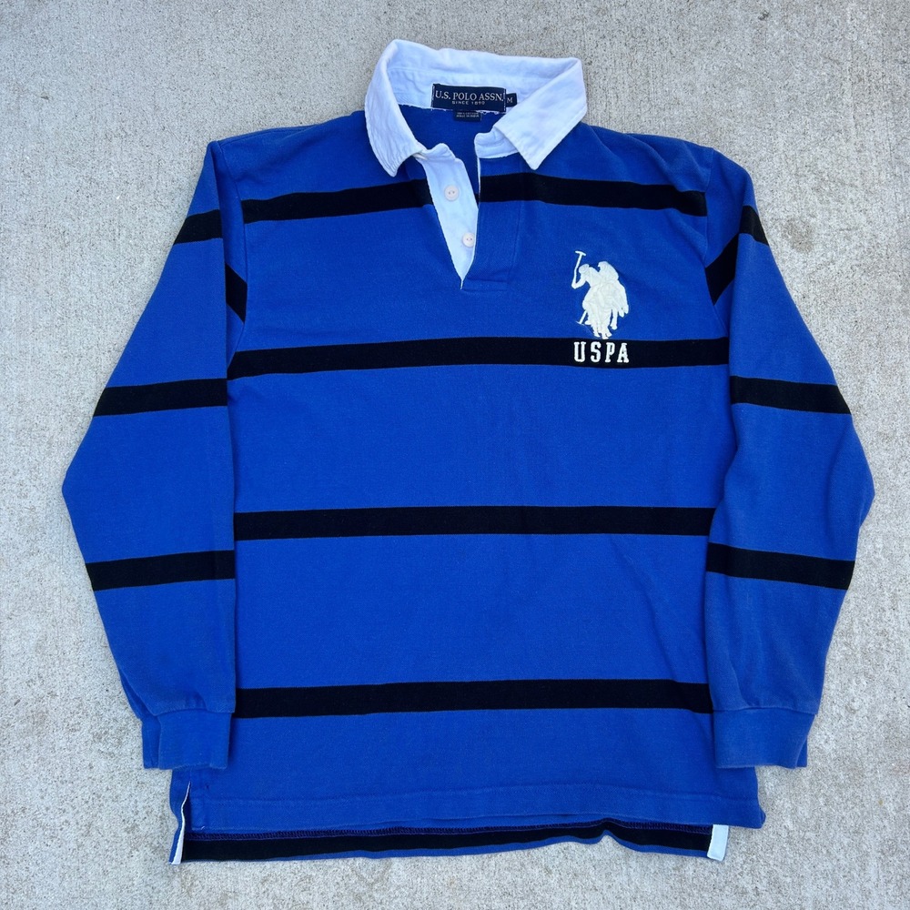 Polo Big Pony Rugby Shirt Mens Medium Blue Black Striped Long Sleeve Shirt